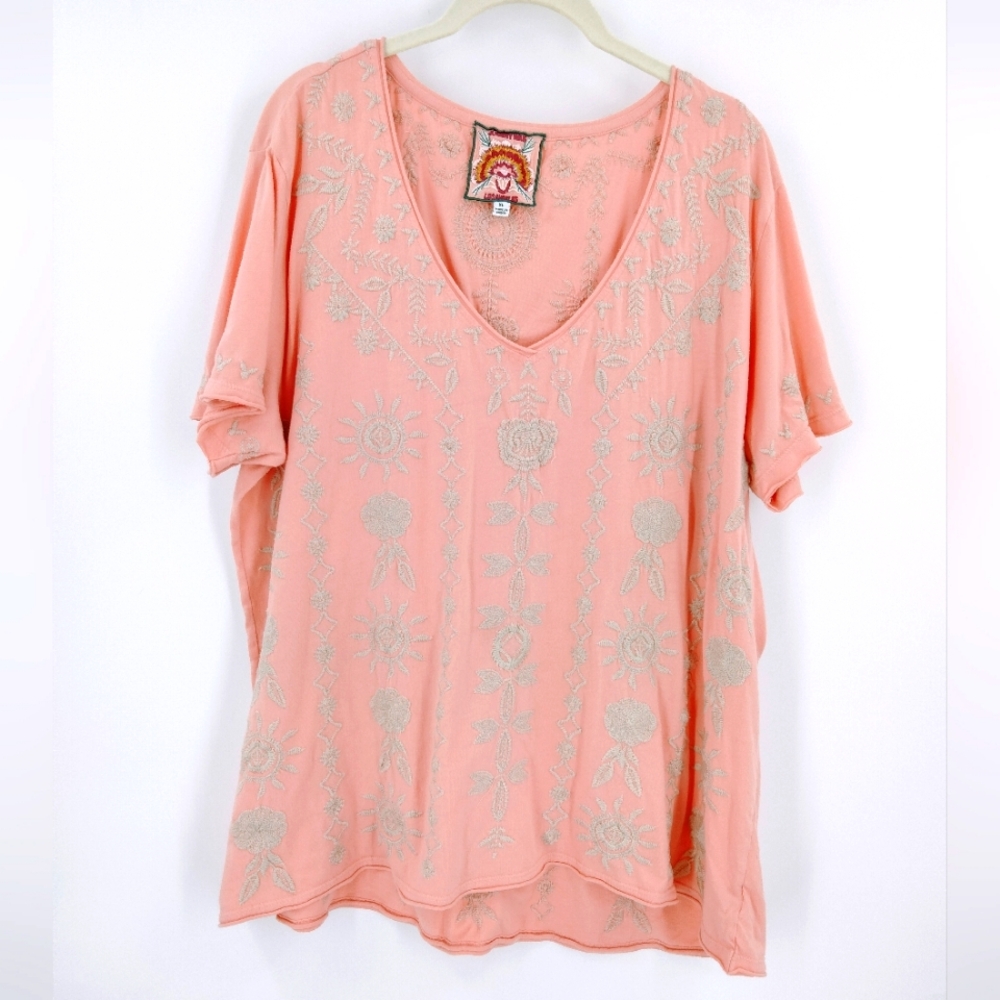 Johnny Was Makana Embroidered Short Sleeve Tunic Top Pink V Neck Relaxed Fit XL